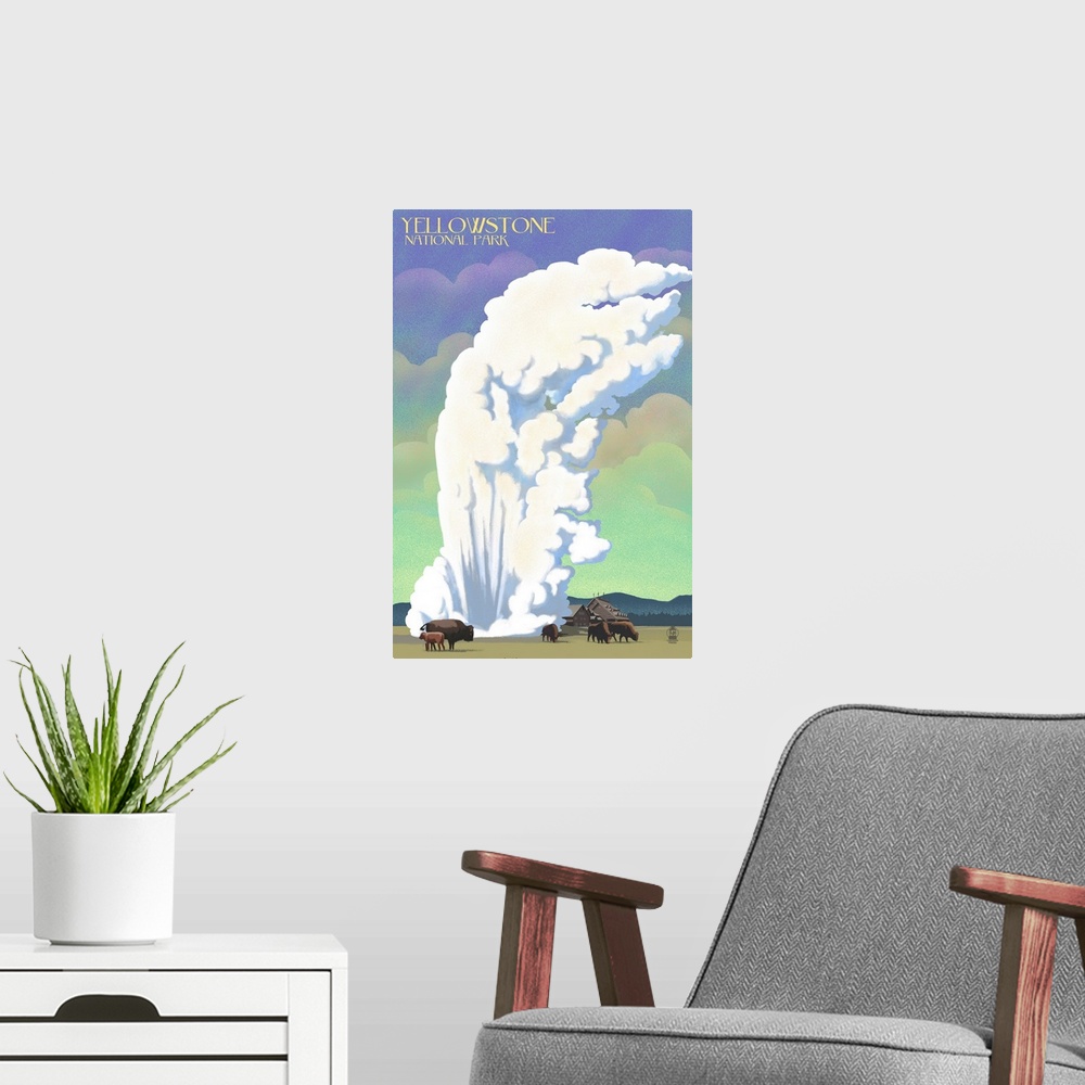 A modern room featuring Yellowstone National Park, Geyser And Bison: Retro Travel Poster