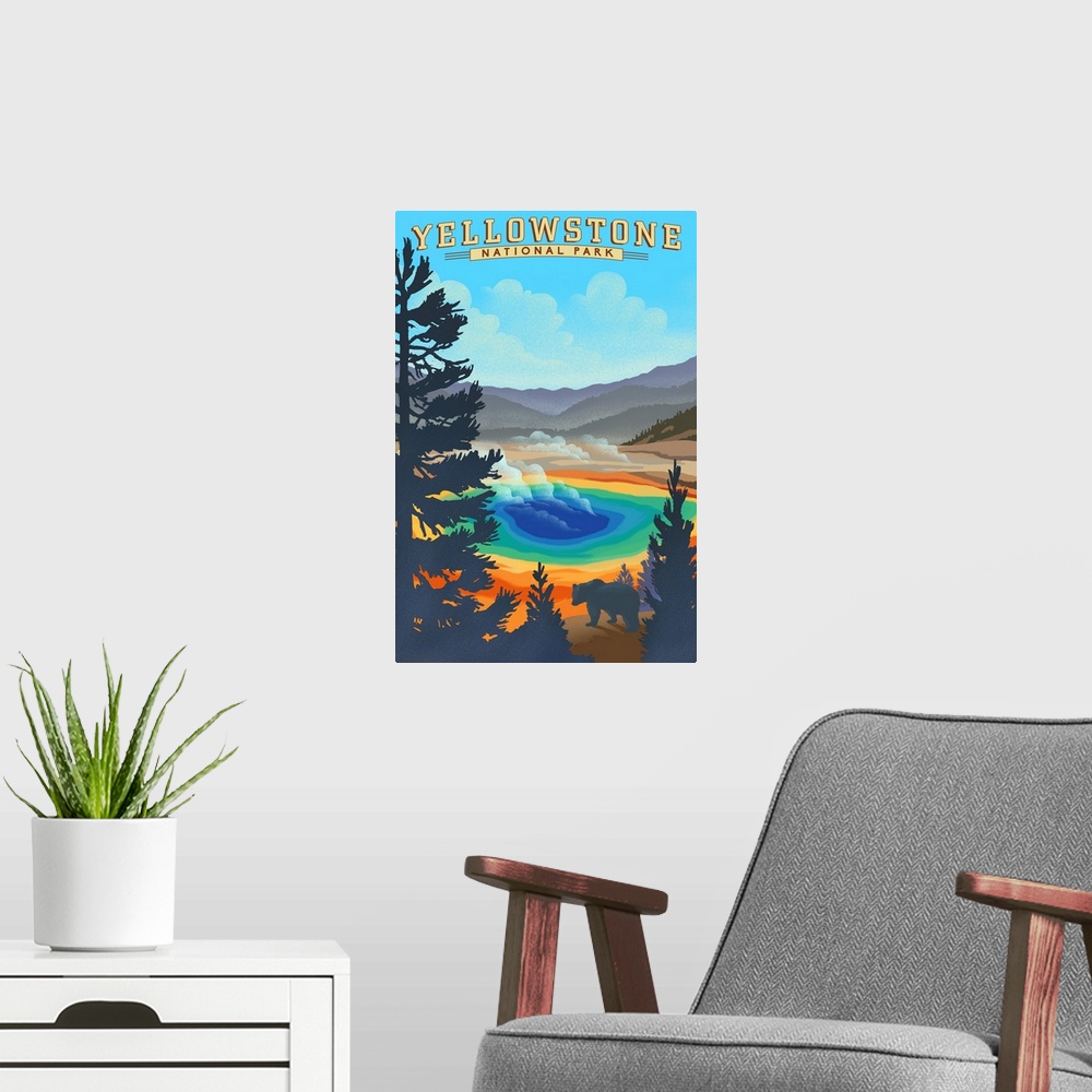 A modern room featuring Yellowstone National Park, Grand Prismatic Spring: Retro Travel Poster