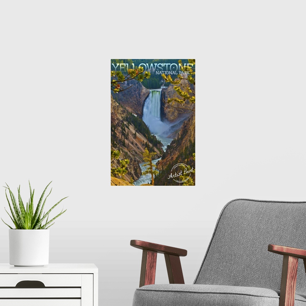 A modern room featuring Yellowstone National Park, Lower Falls: Travel Poster