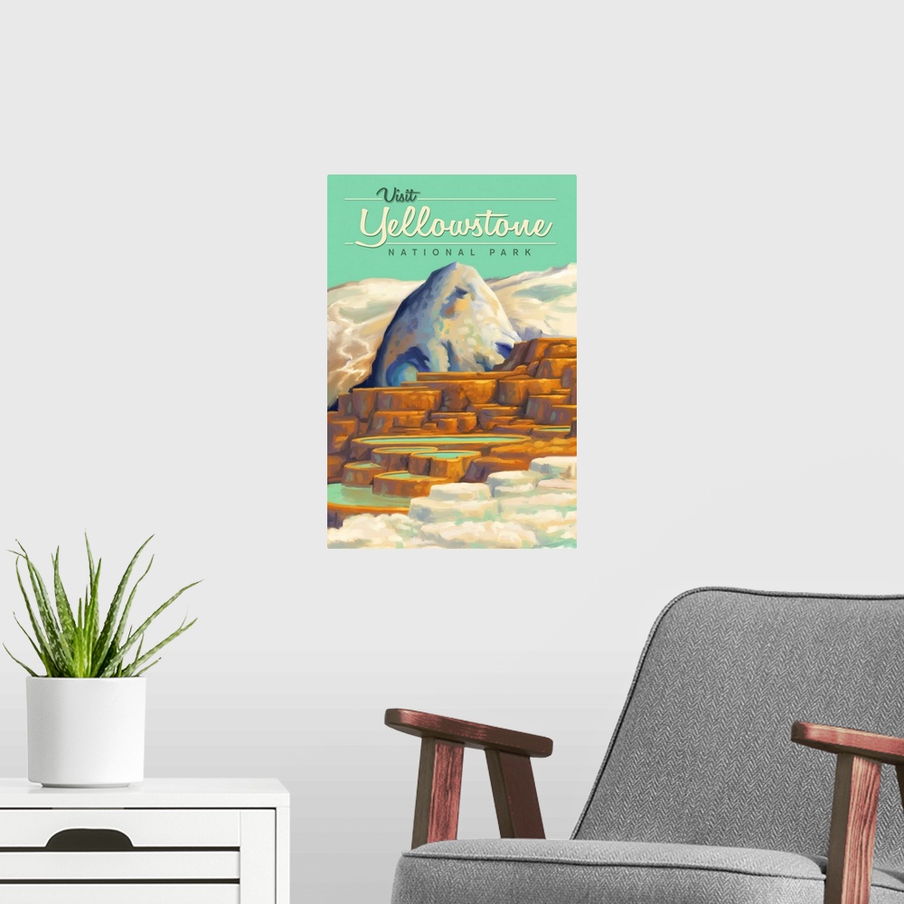A modern room featuring Yellowstone National Park, Mammoth Hot Springs: Retro Travel Poster