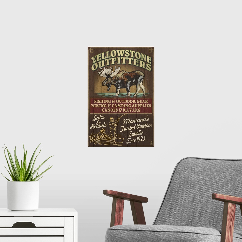 A modern room featuring Yellowstone National Park, Montana - Moose Outfitters Vintage Sign: Retro Travel Poster