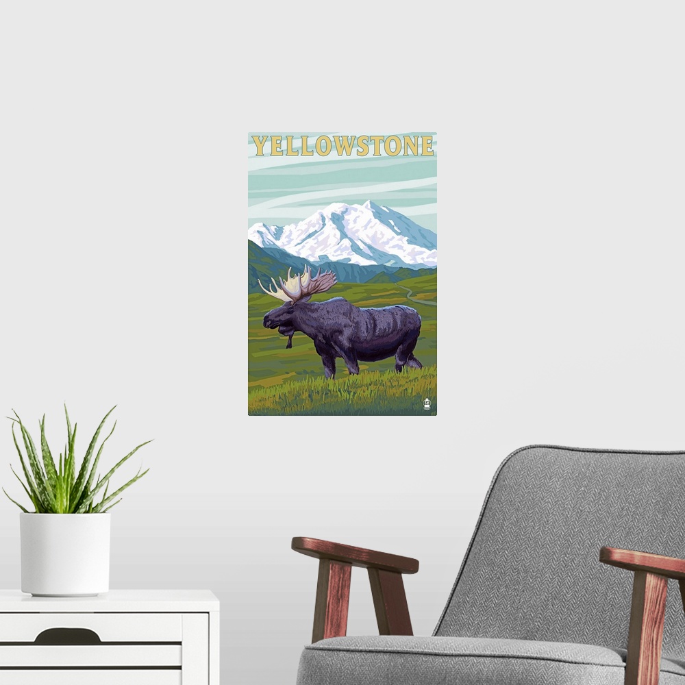 A modern room featuring Yellowstone National Park - Moose and Mountain: Retro Travel Poster
