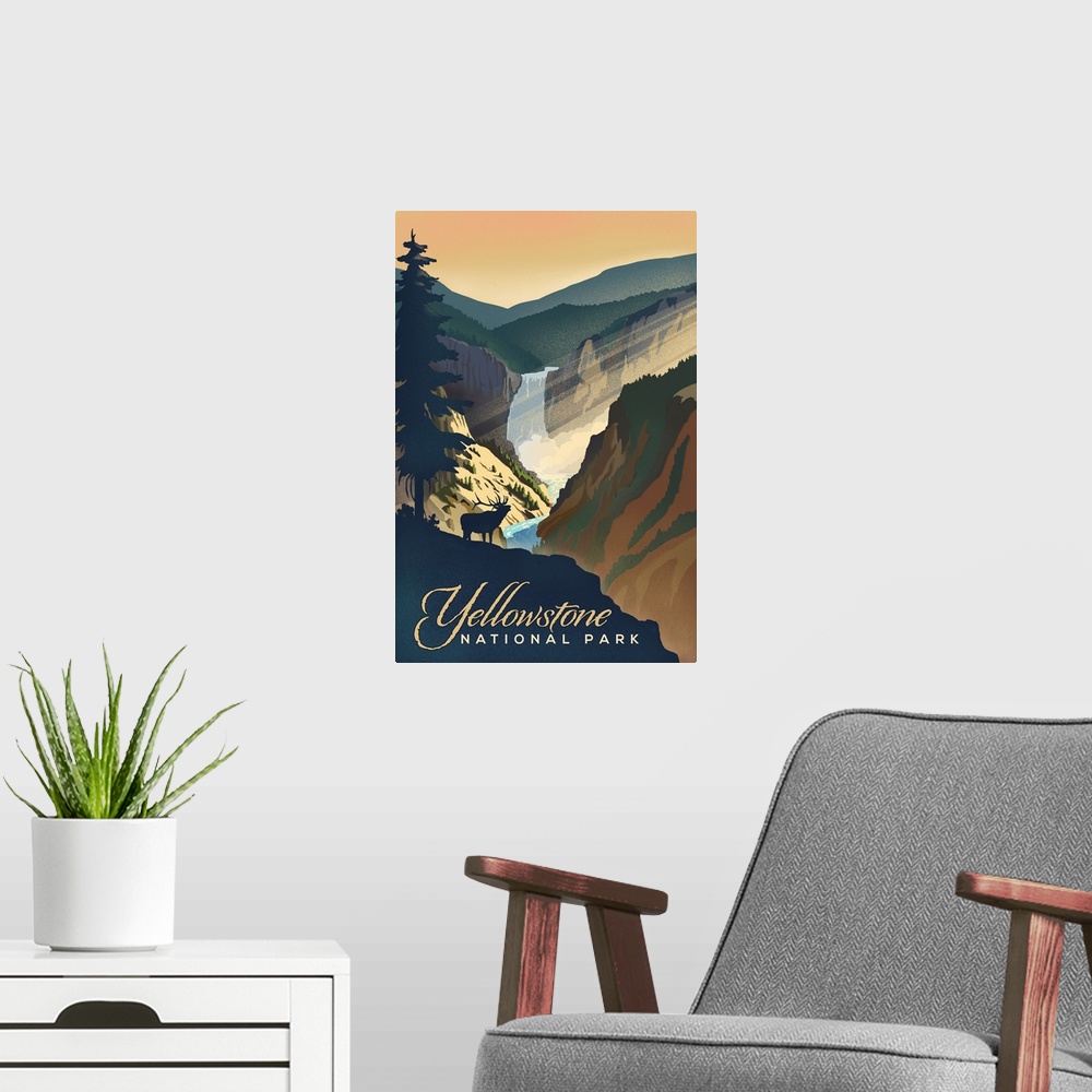A modern room featuring Yellowstone National Park, Moose Call And Waterfall: Retro Travel Poster