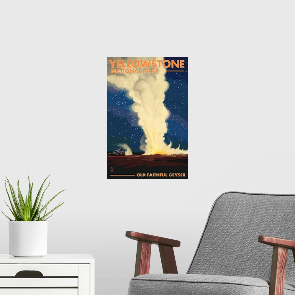 A modern room featuring Yellowstone National Park - Old Faithful at Night: Retro Travel Poster