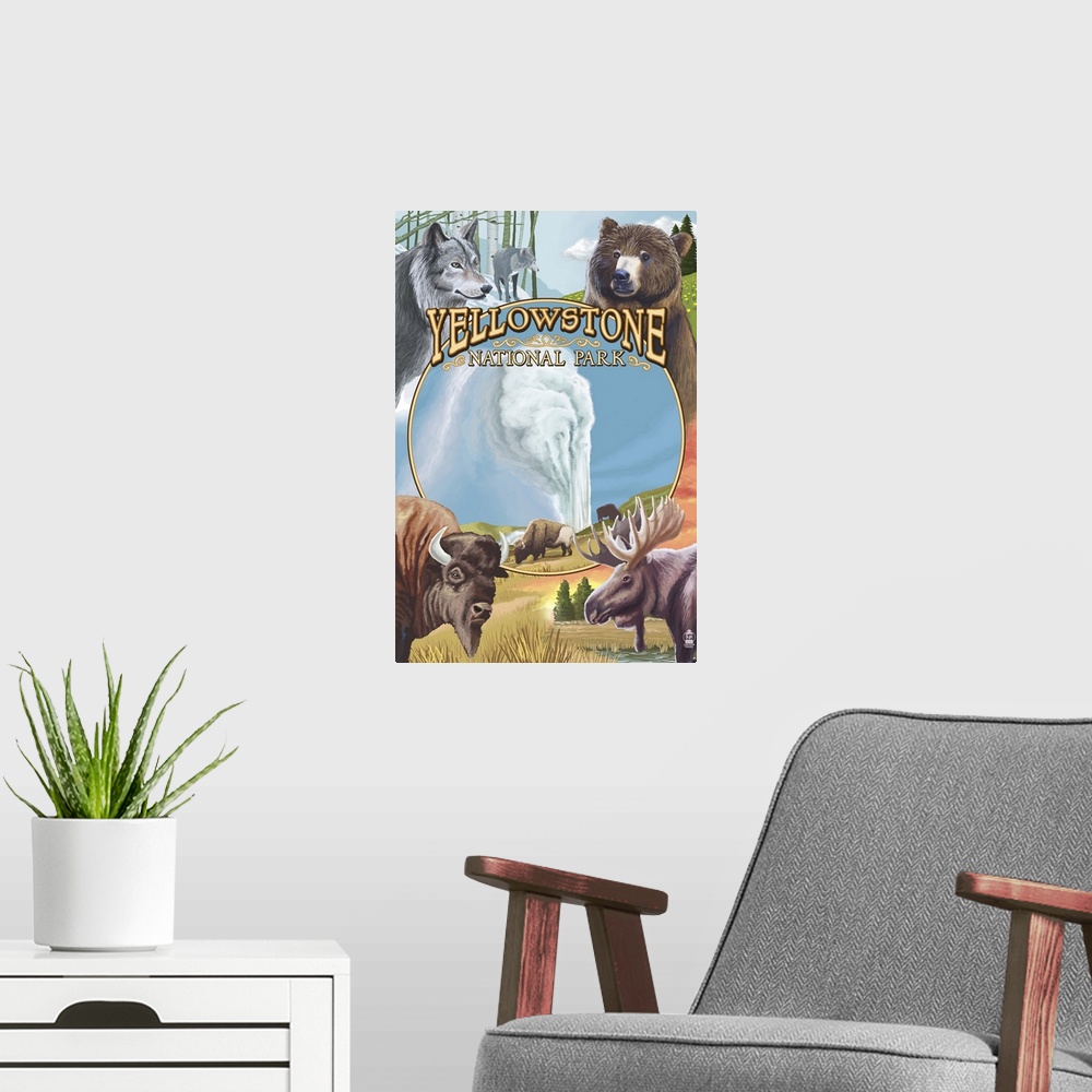 A modern room featuring Yellowstone National Park Wildlife Montage: Retro Travel Poster