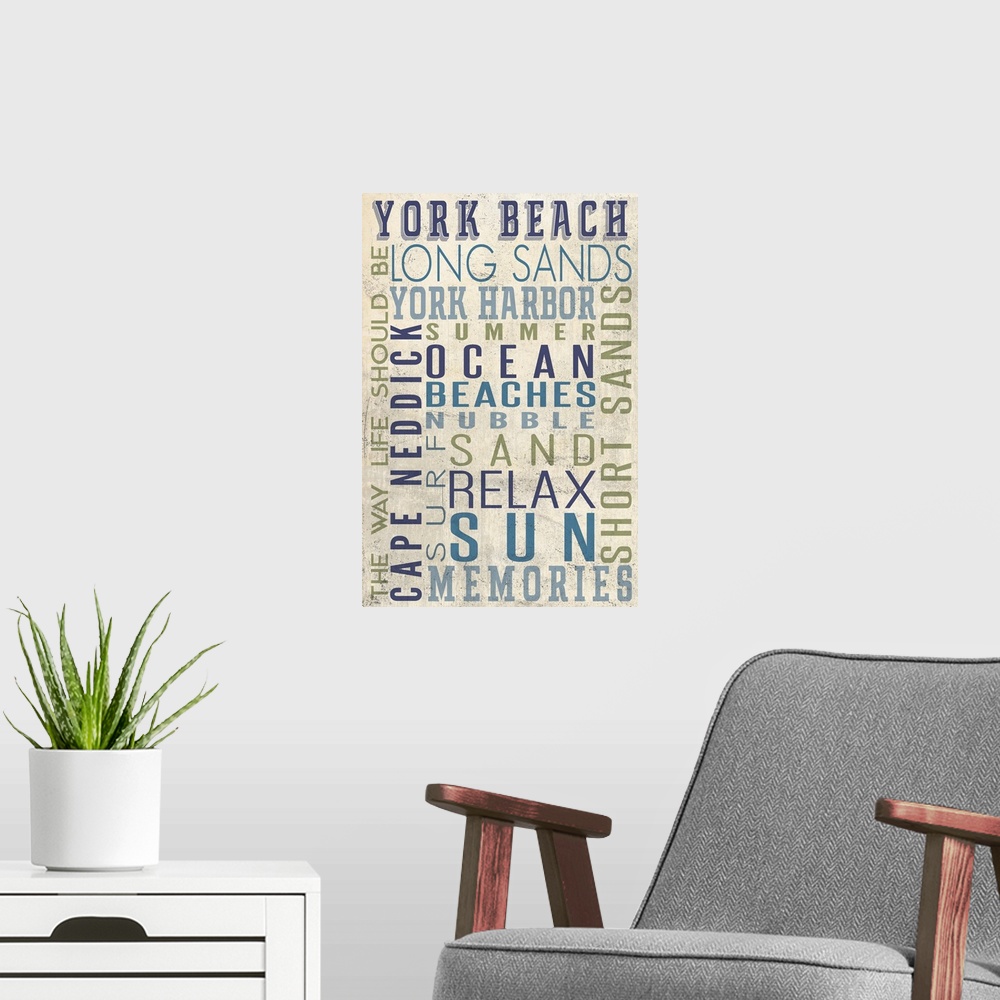 A modern room featuring York Beach, Maine, Typography