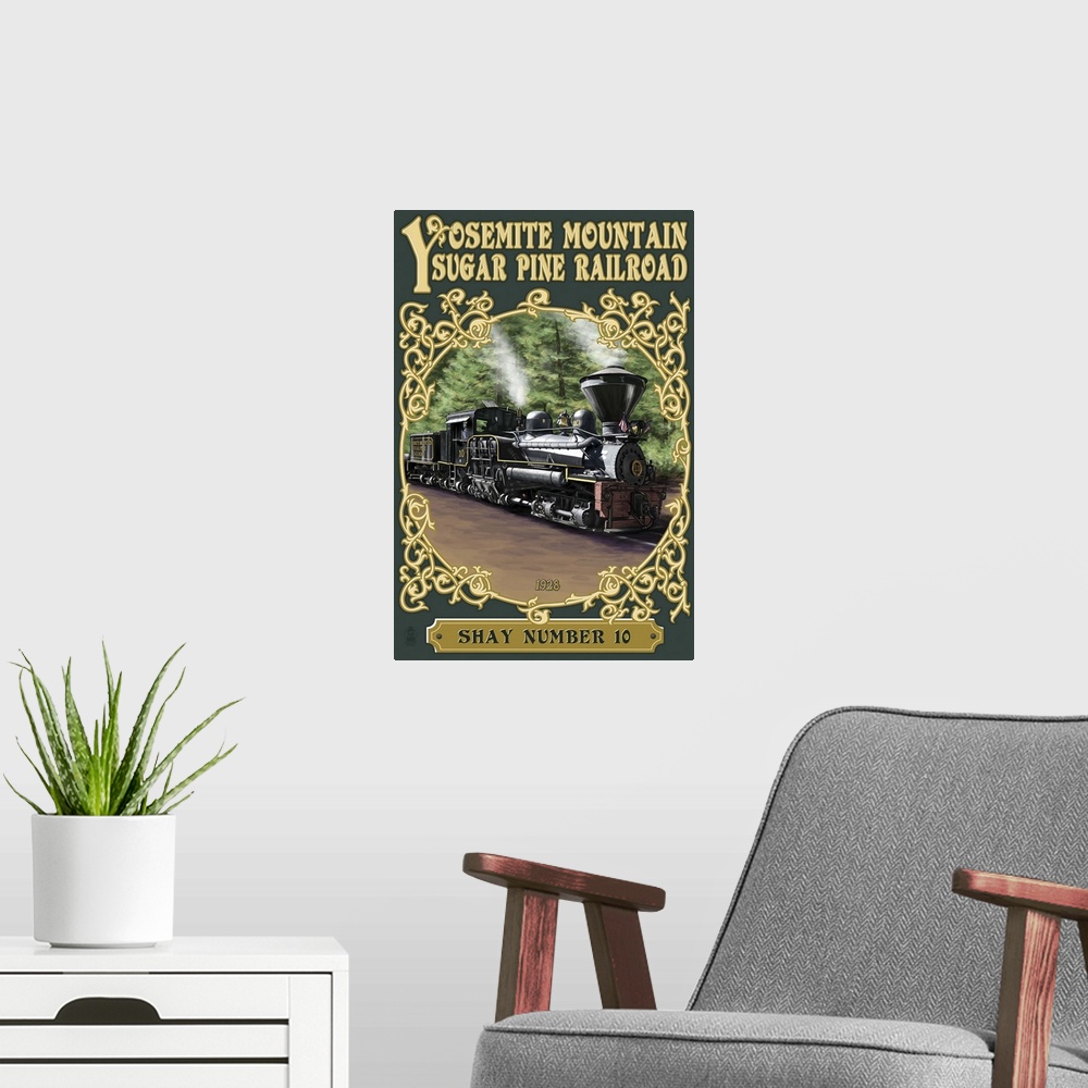 A modern room featuring Yosemite Mountain Sugar Pine Railroad: Retro Travel Poster
