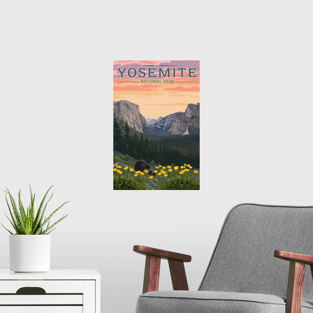 A modern room featuring Yosemite National Park, Bears In Wildflowers: Retro Travel Poster
