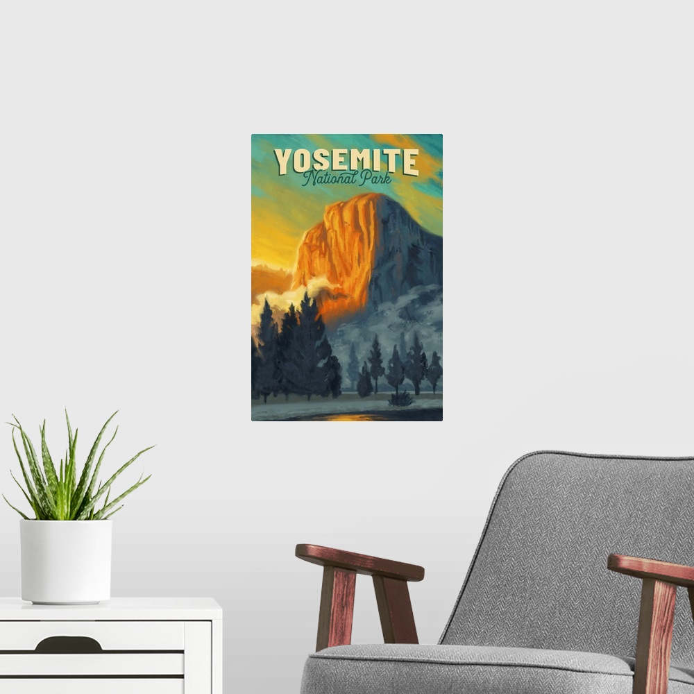 A modern room featuring Yosemite National Park, Natural Landscape: Retro Travel Poster