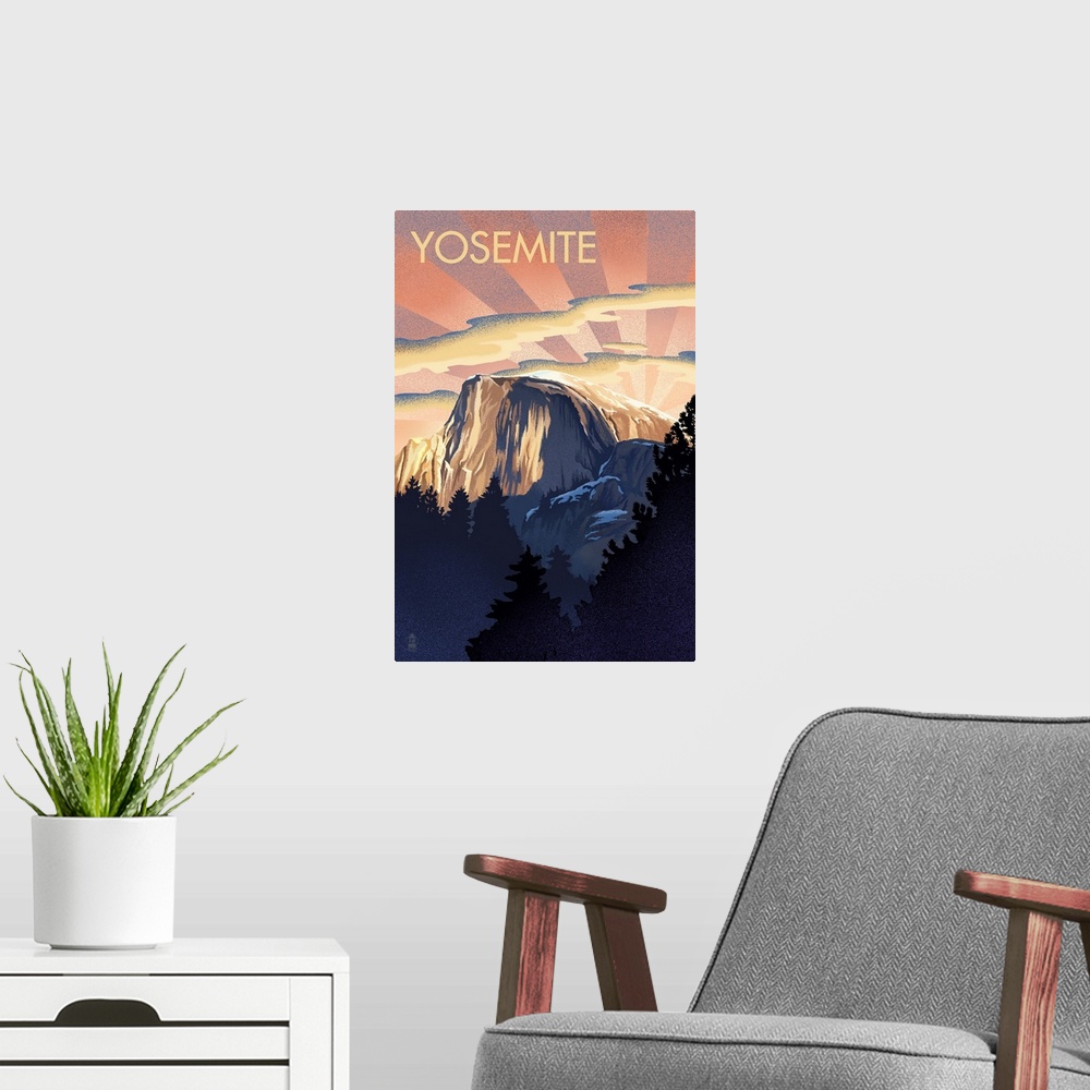 A modern room featuring Yosemite National Park, Sunrise Over Half Dome: Retro Travel Poster