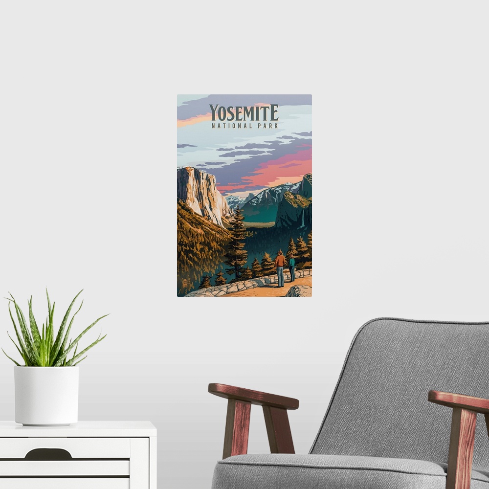 A modern room featuring Yosemite National Park, Valley View: Retro Travel Poster