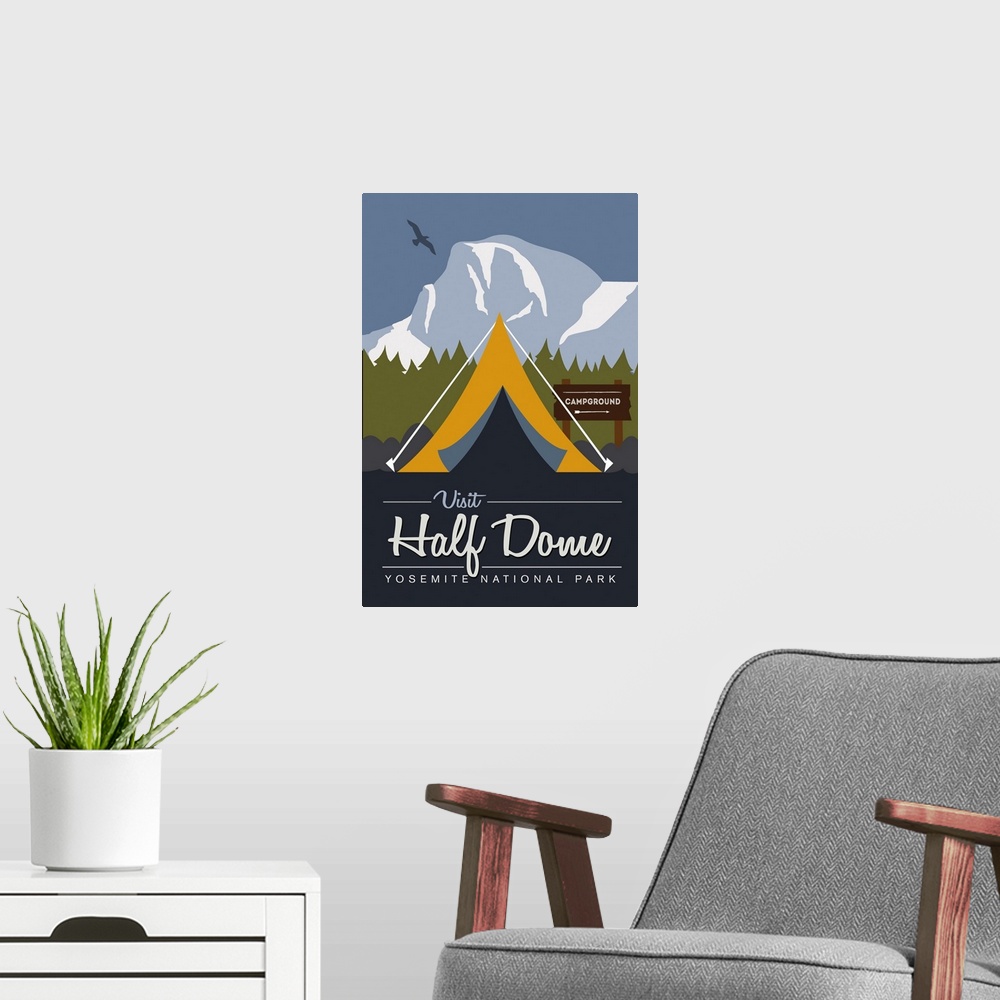 A modern room featuring Yosemite National Park, Visit Half Dome: Graphic Travel Poster