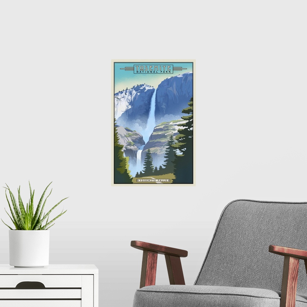 A modern room featuring Yosemite National Park, Yosemite Falls: Retro Travel Poster