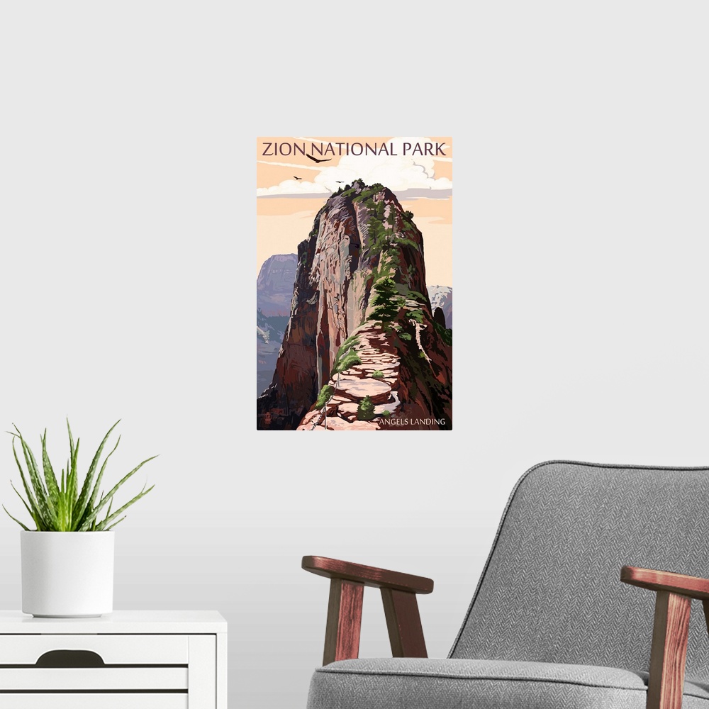 A modern room featuring Zion National Park - Angels Landing and Condors: Retro Travel Poster