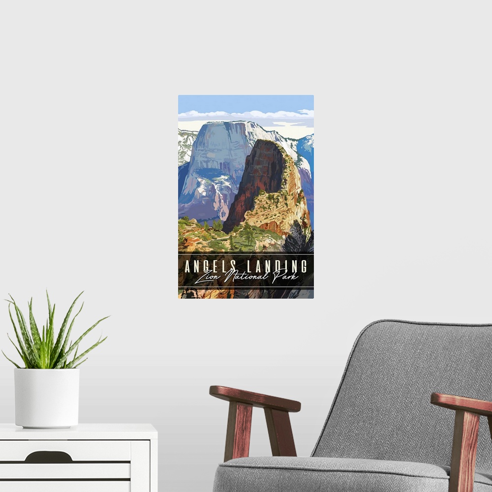 A modern room featuring Zion National Park, Angels Landing: Graphic Travel Poster