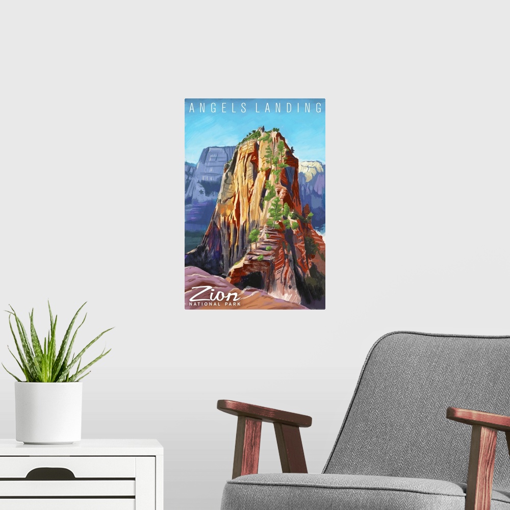A modern room featuring Zion National Park, Angels Landing: Retro Travel Poster