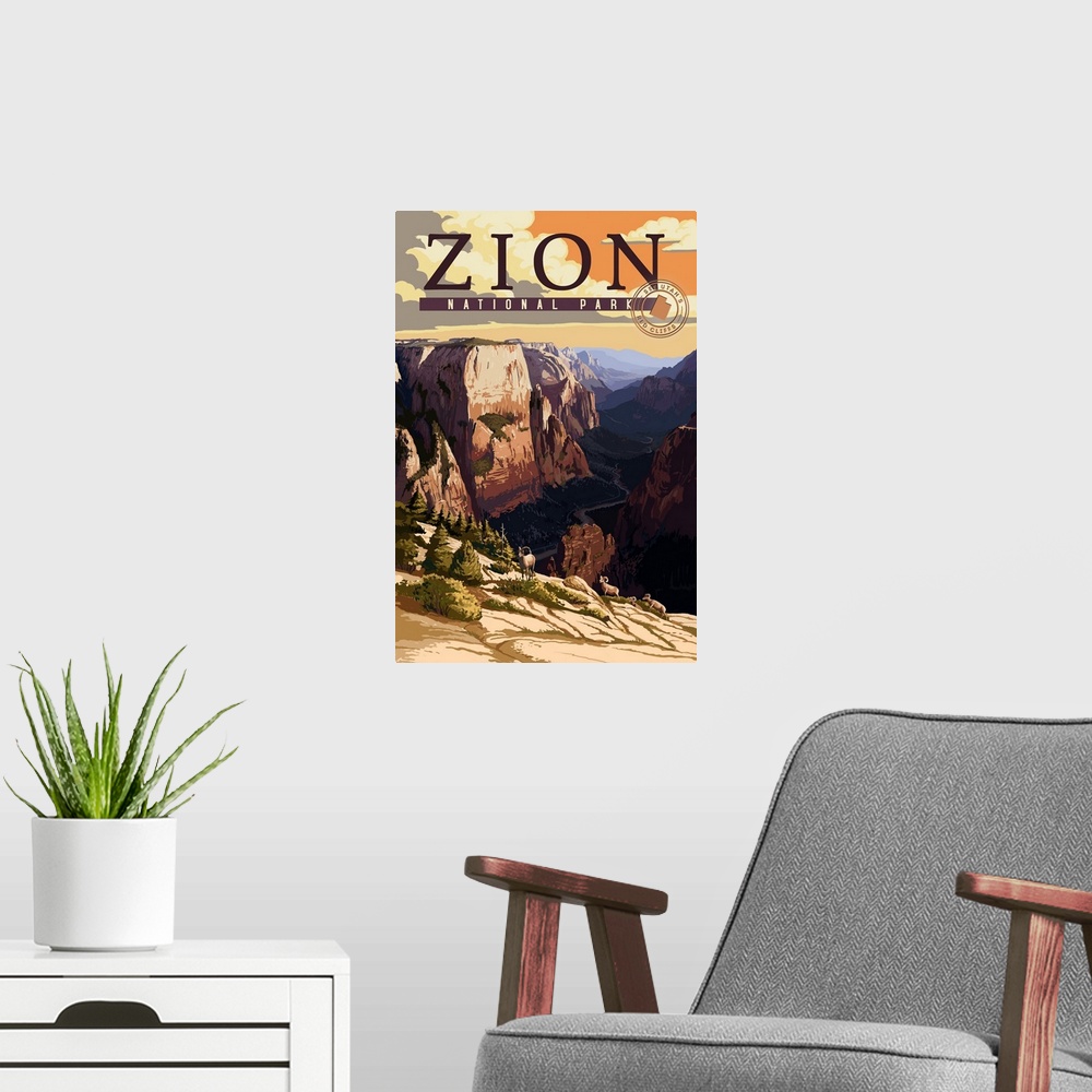 A modern room featuring Zion National Park, Canyon View: Retro Travel Poster