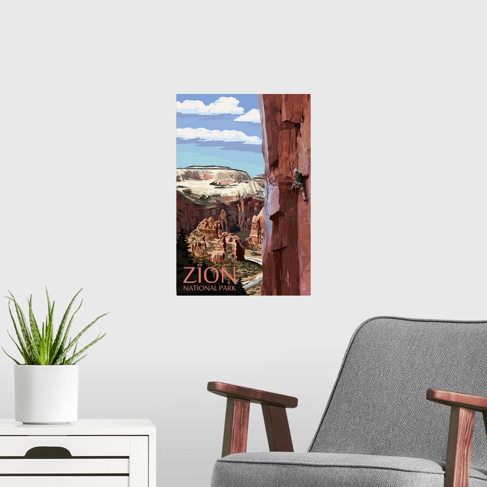 A modern room featuring Zion National Park - Cliff Climber: Retro Travel Poster