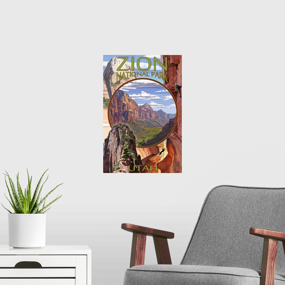 A modern room featuring Zion National Park - Montage Views: Retro Travel Poster