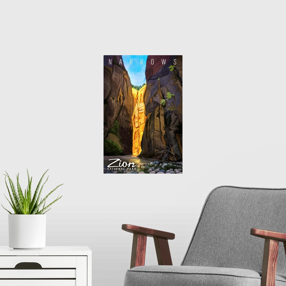 A modern room featuring Zion National Park, Narrows: Retro Travel Poster