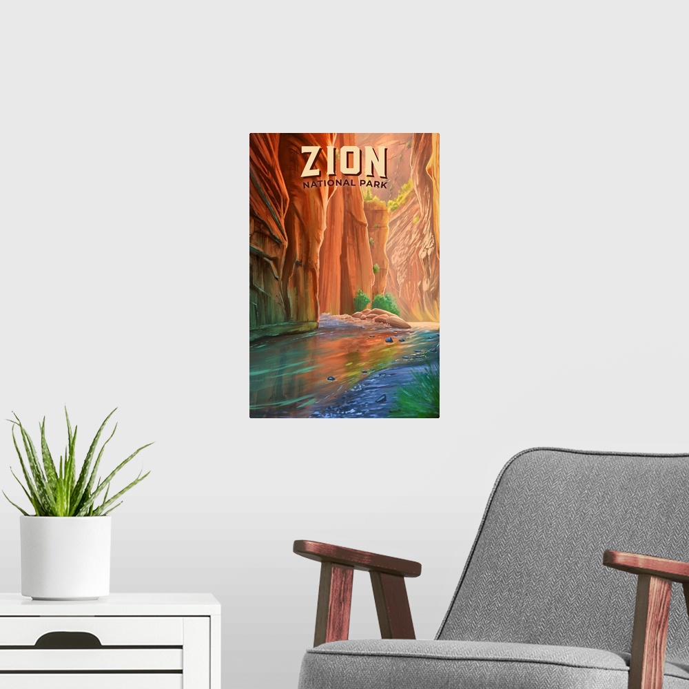 A modern room featuring Zion National Park, River Hike: Retro Travel Poster