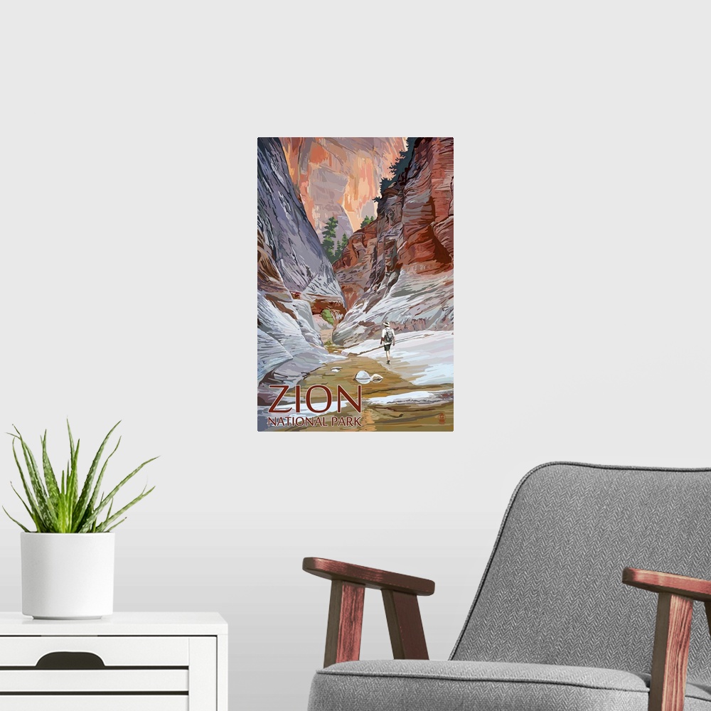A modern room featuring Zion National Park - Slot Canyon: Retro Travel Poster