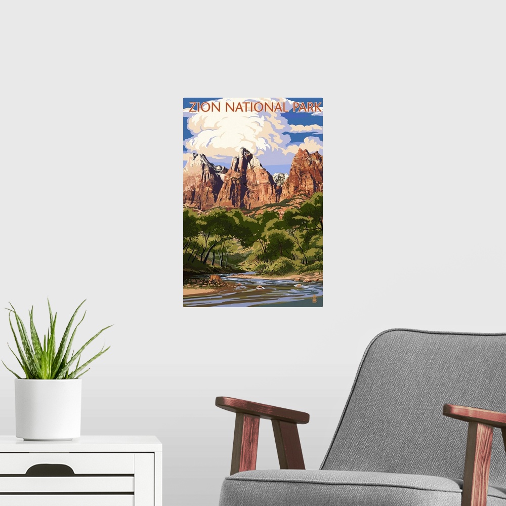 A modern room featuring Zion National Park - Virgin River and Peaks: Retro Travel Poster