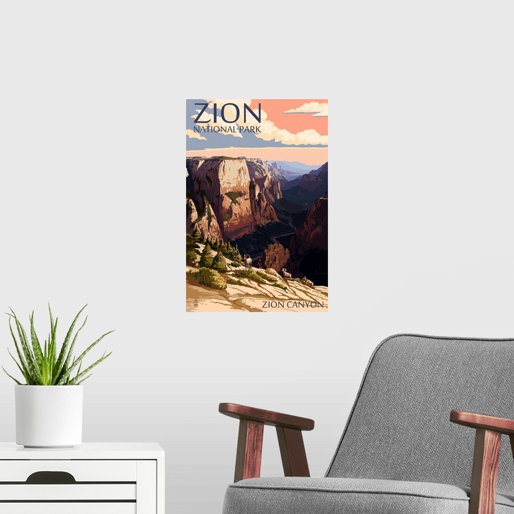 A modern room featuring Zion National Park - Zion Canyon Sunset: Retro Travel Poster
