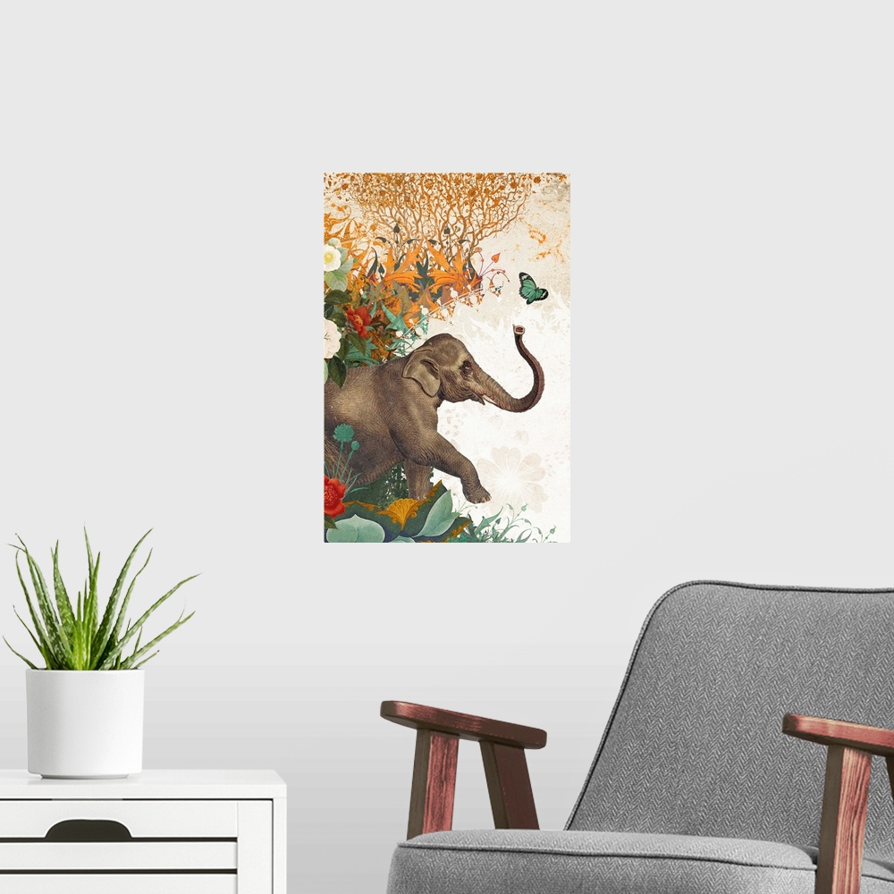 A modern room featuring Elephant and butterfly with ornate background