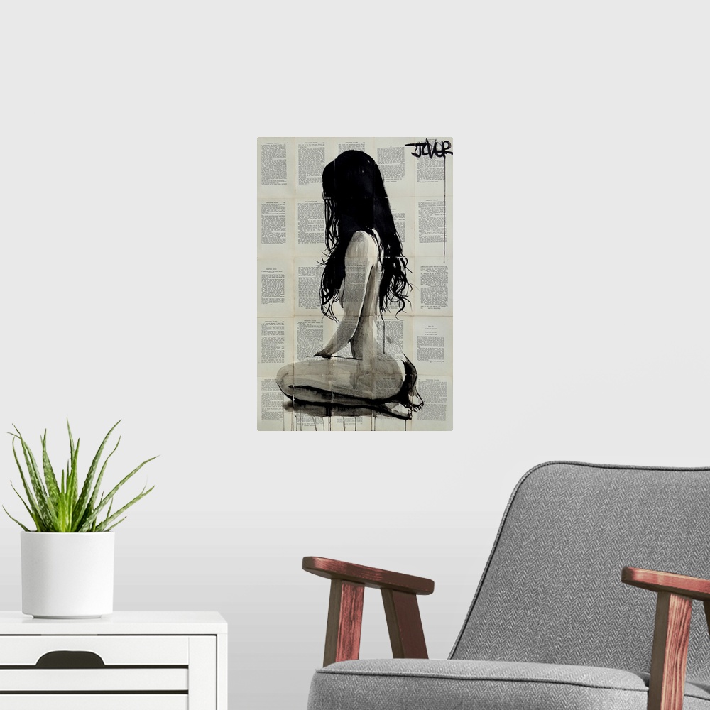 A modern room featuring Contemporary urban artwork of a nude woman seated against a background of tiled book pages.