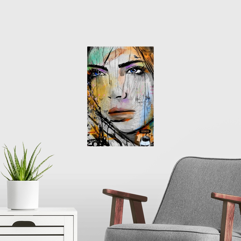 A modern room featuring Contemporary urban artwork of a close-up of a woman's face with splashes of vibrant color around ...