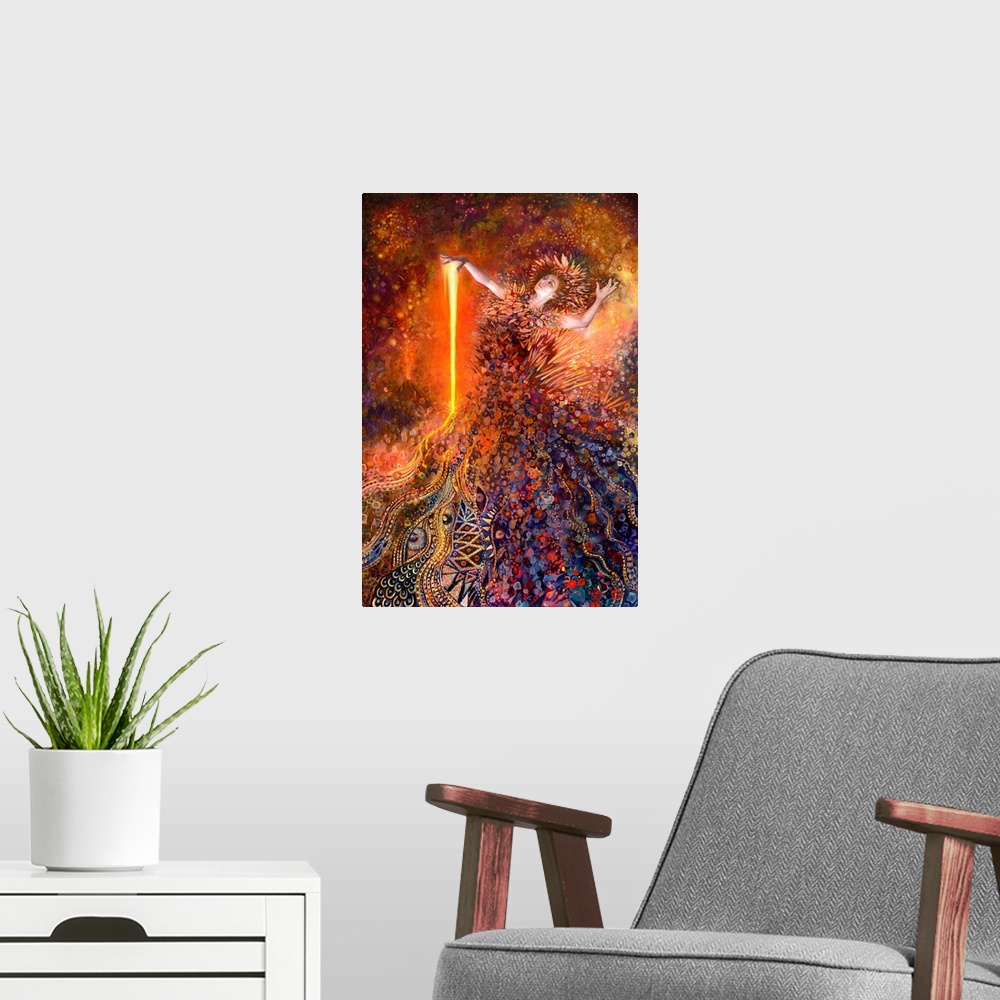 A modern room featuring Brightly colored contemporary artwork of a goddess surrounded by fire.