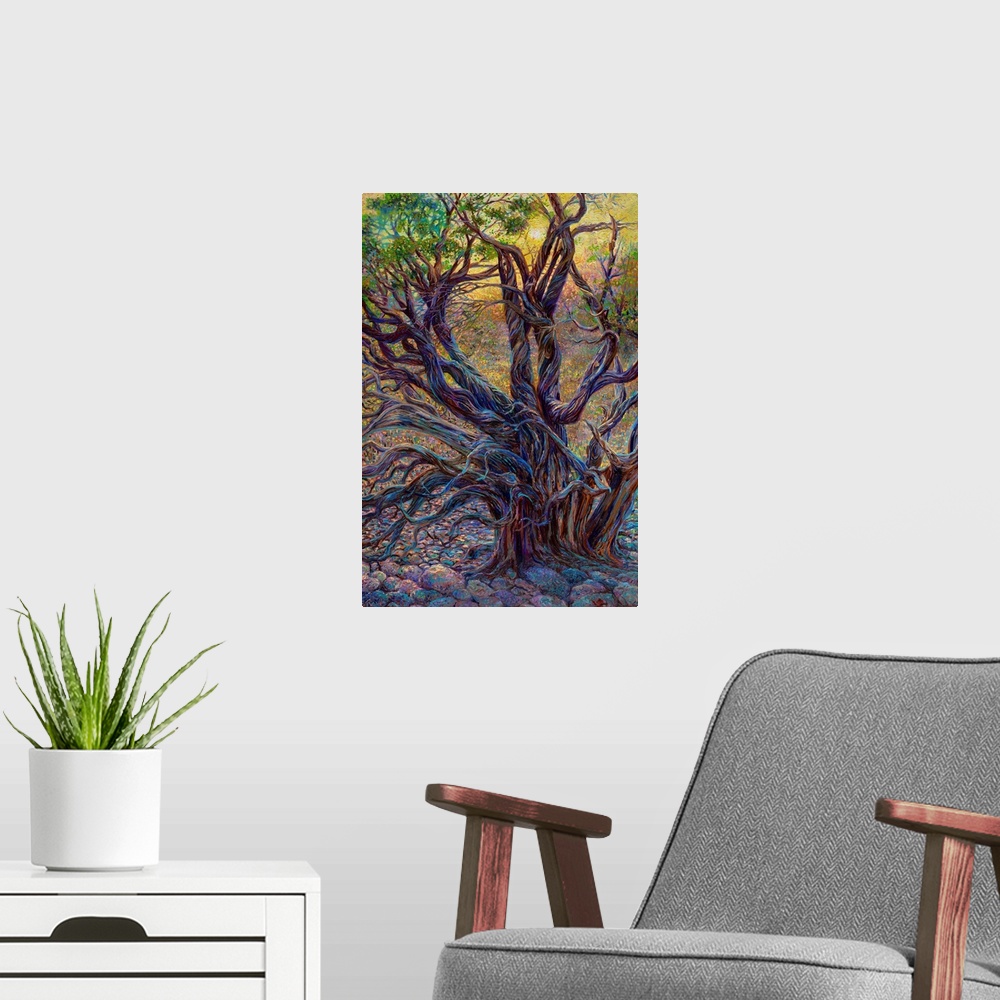 A modern room featuring Contemporary artwork of a juniper tree.