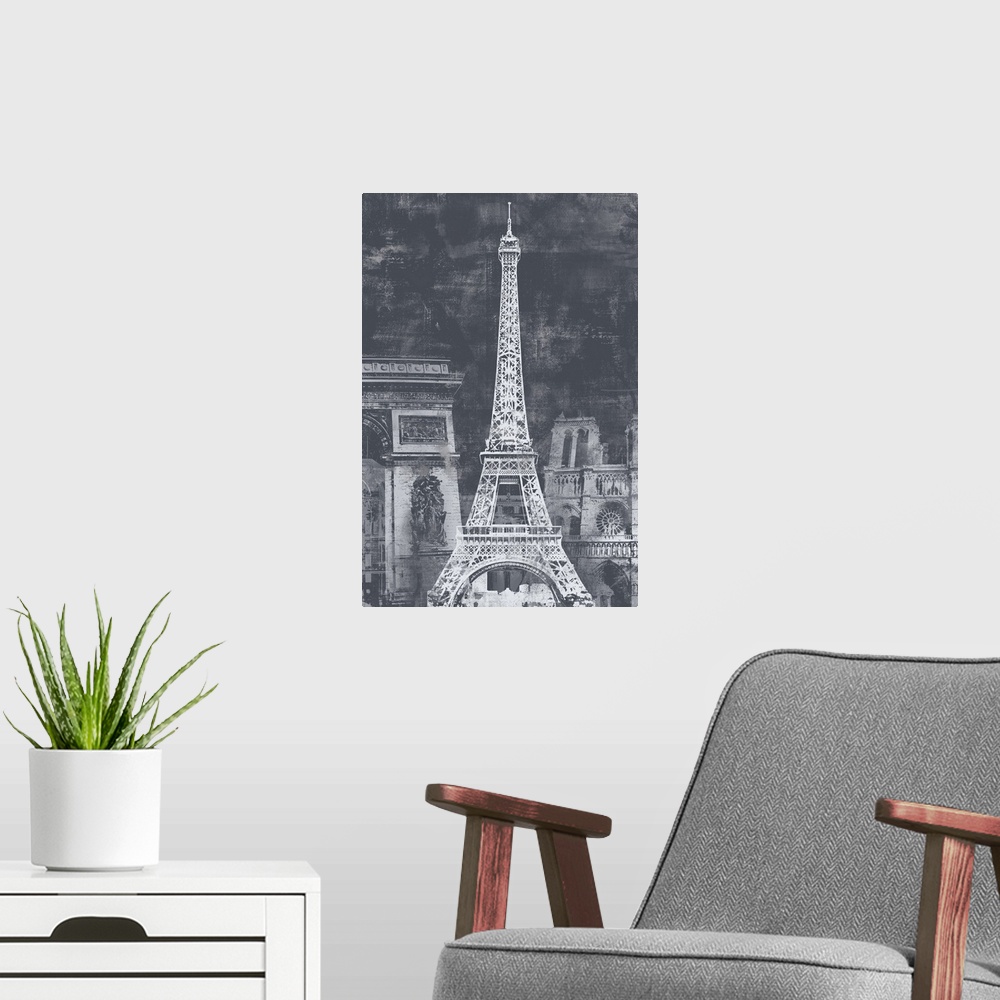 A modern room featuring A large decorative image of the Eiffel Tower and other Paris landmarks behind it, done in a distr...