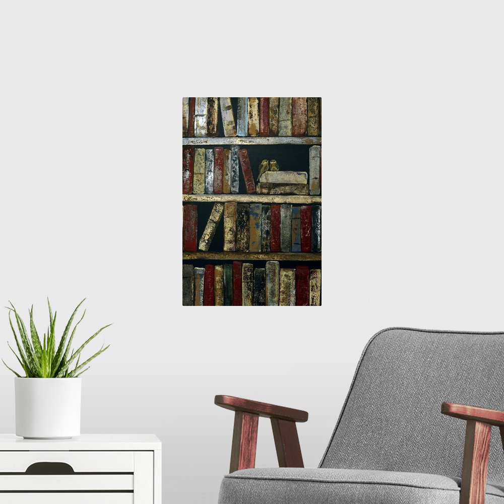 A modern room featuring Two small birds hiding in a bookshelf full of books.