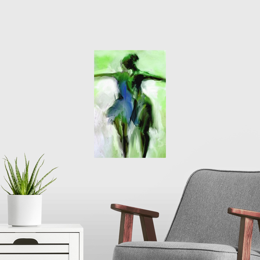 A modern room featuring Painting of the figure of two ballerinas in shades of green.