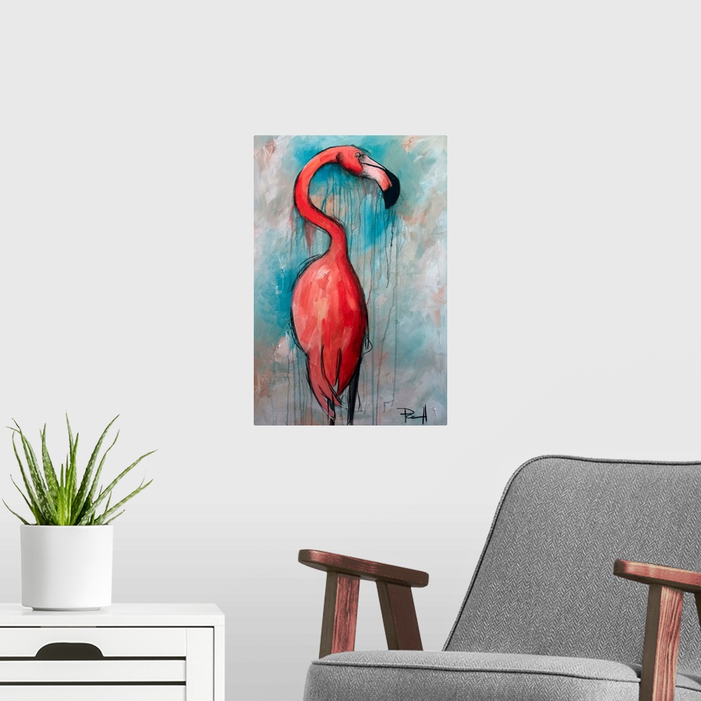 A modern room featuring Painting of a pink flamingo standing tall.
