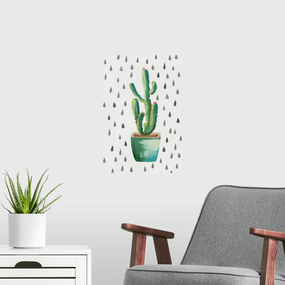 A modern room featuring Creative artwork of a blooming cactus in a teal flowerpot on a white background with small teardr...