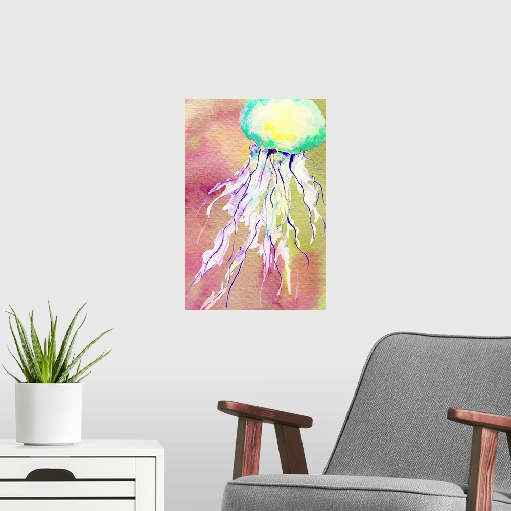 A modern room featuring Watercolor artwork of a jellyfish with long tentacles.