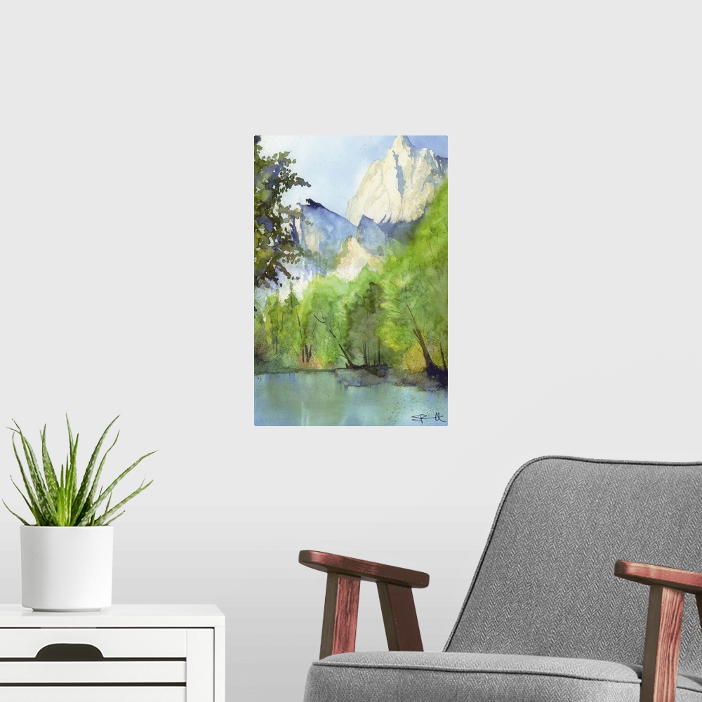 A modern room featuring Landscape painting of a river in a forest with tall mountains.