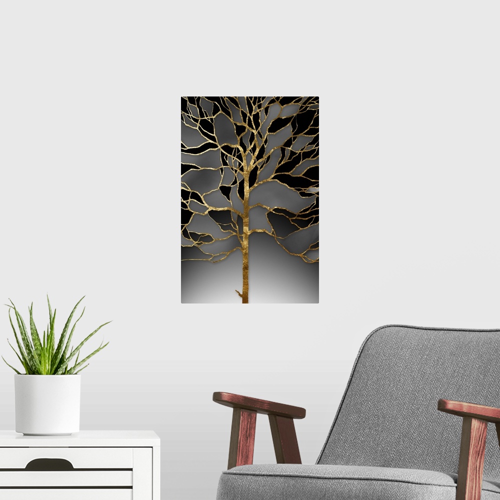 A modern room featuring A modern design of a tree of metallic gold with shades of gray and black between the branches.