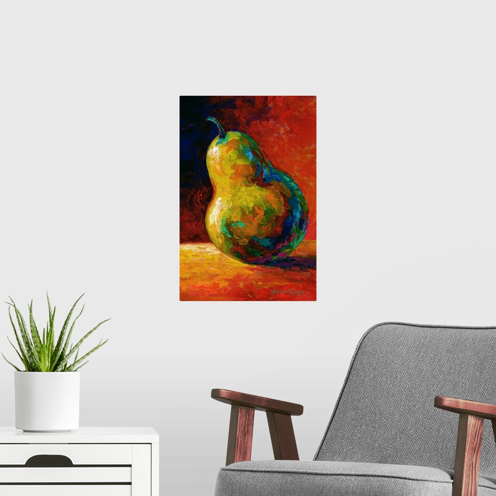 A modern room featuring Contemporary artwork of a single pear resting on a table and casting a shadow, done in bold colors.