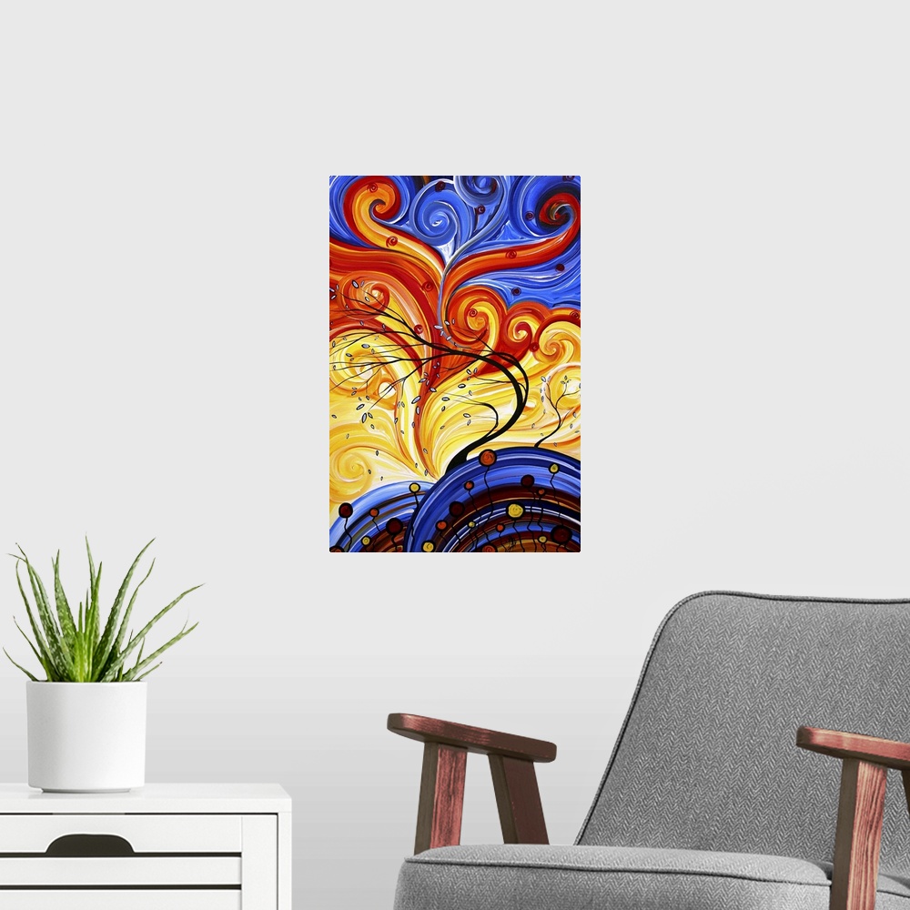 A modern room featuring Bright and rich colorful contemporary abstract painting of trees blowing in wind with leaves fall...