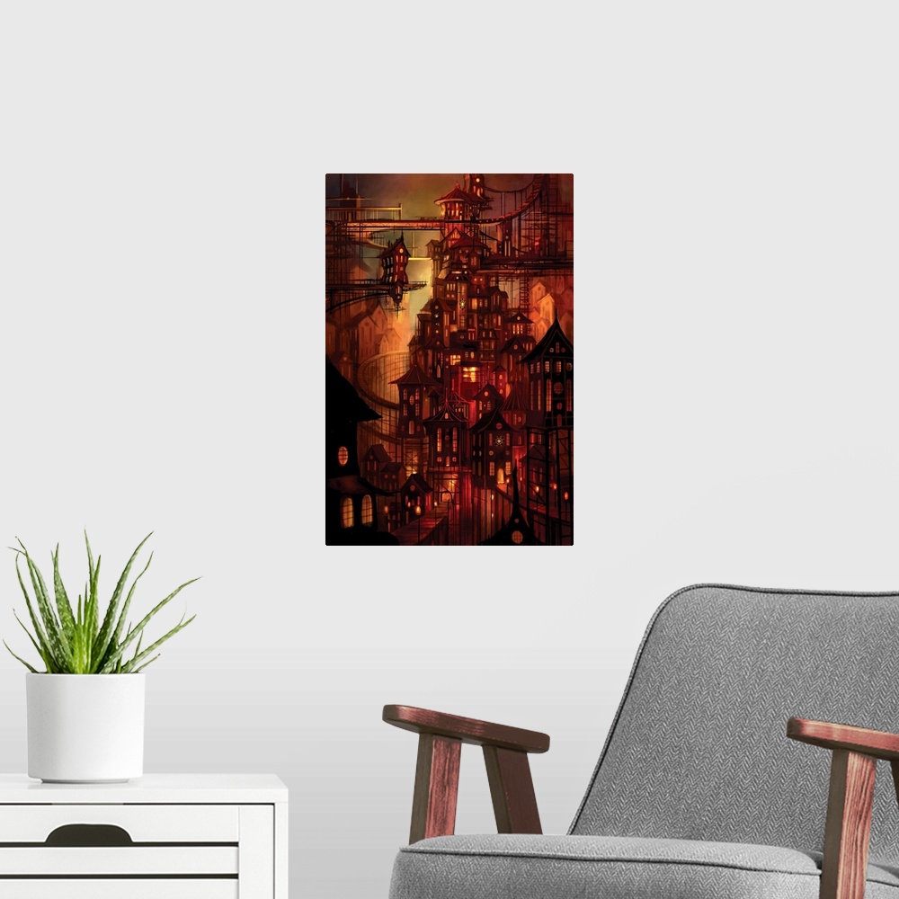 A modern room featuring Science fiction artwork of a city illuminated in a red glow which has buildings stacked upon each...