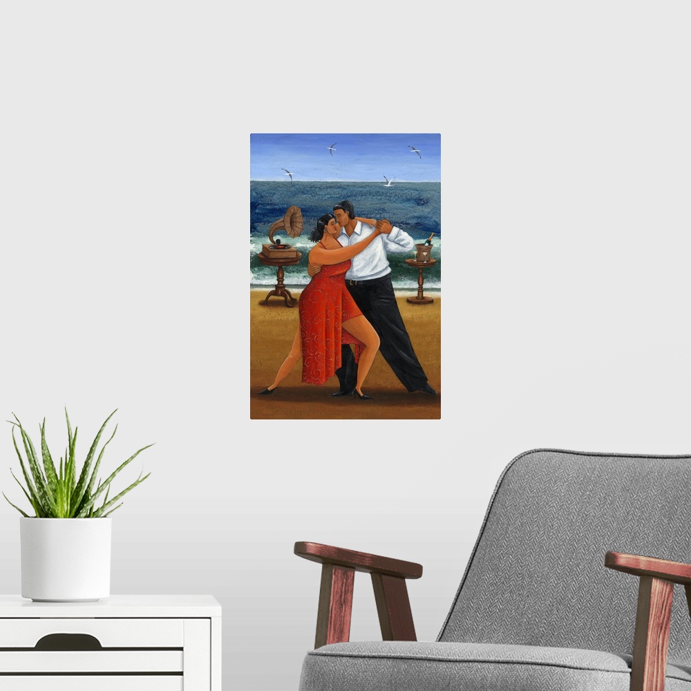 A modern room featuring Contemporary painting of a Latin couple dancing to music on a beach.