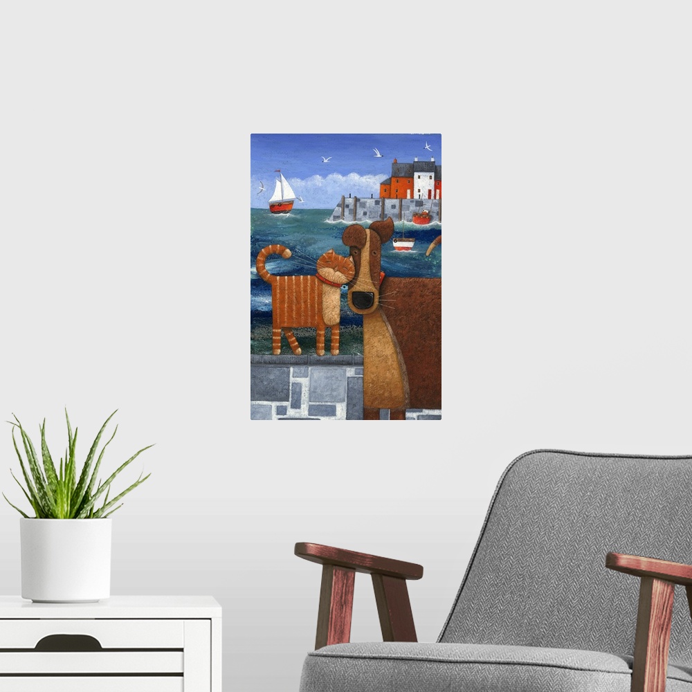 A modern room featuring Contemporary nautical painting of a cat nuzzling a dog, with a harbor town scene in the background.