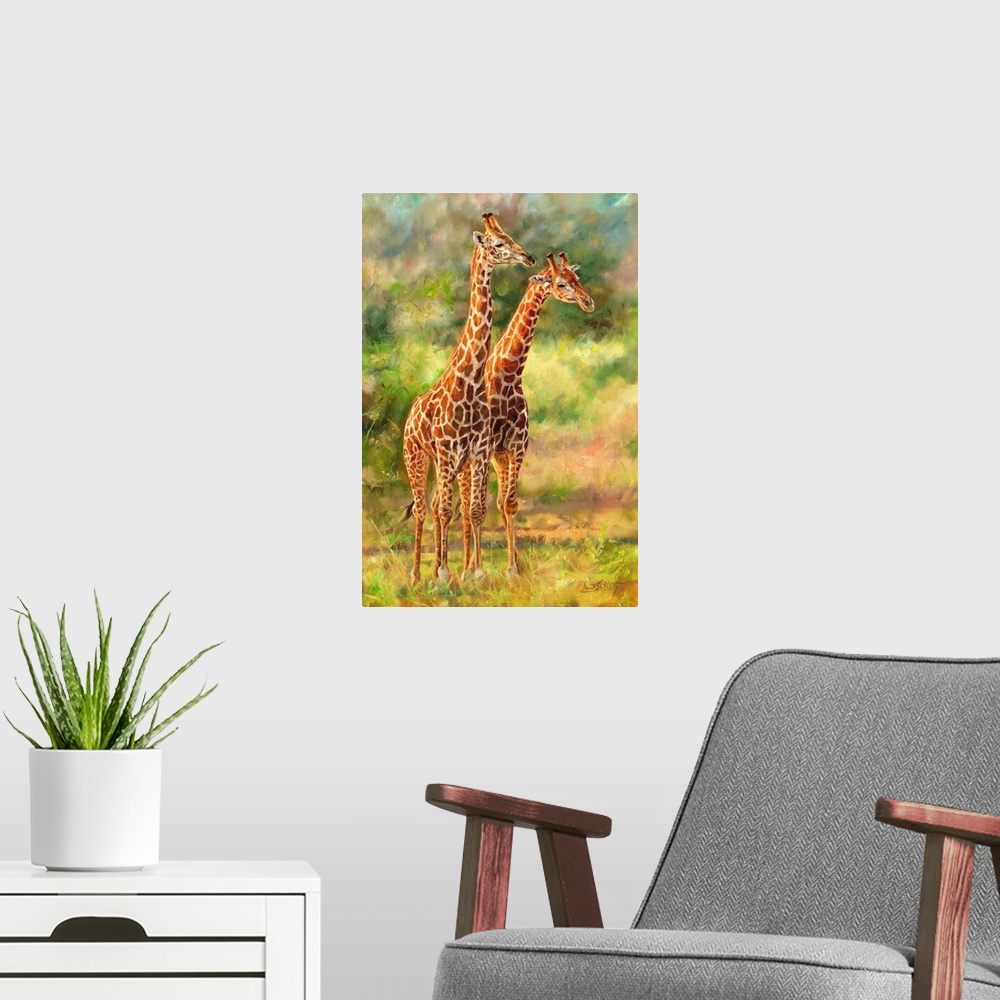 A modern room featuring Pair of Giraffes, oil on canvas.
