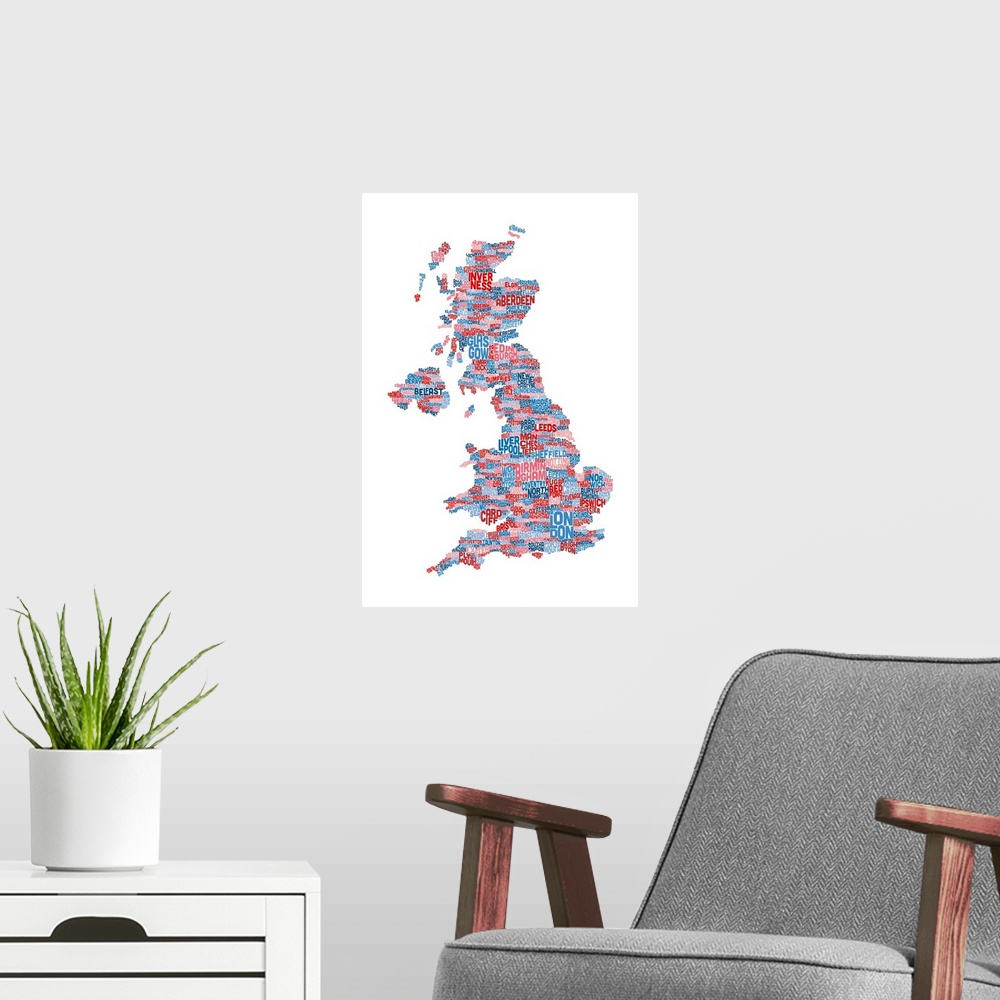 A modern room featuring Great Britain UK City Text Map, White Background