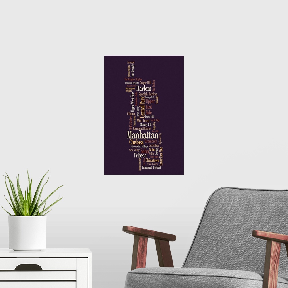 A modern room featuring Contemporary artwork that uses words associated with NYC grouped together to form the outline of ...