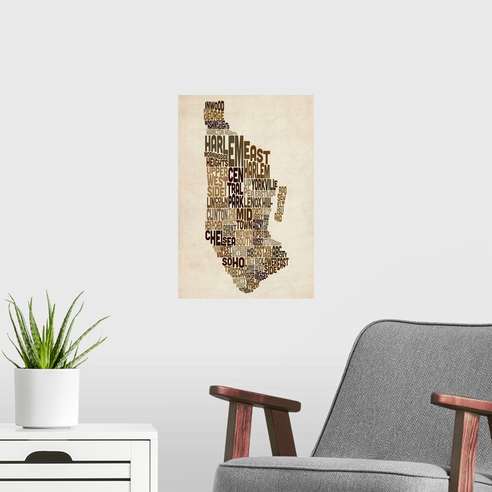 A modern room featuring Manhattan New York Typography Text Map, Earth Tones